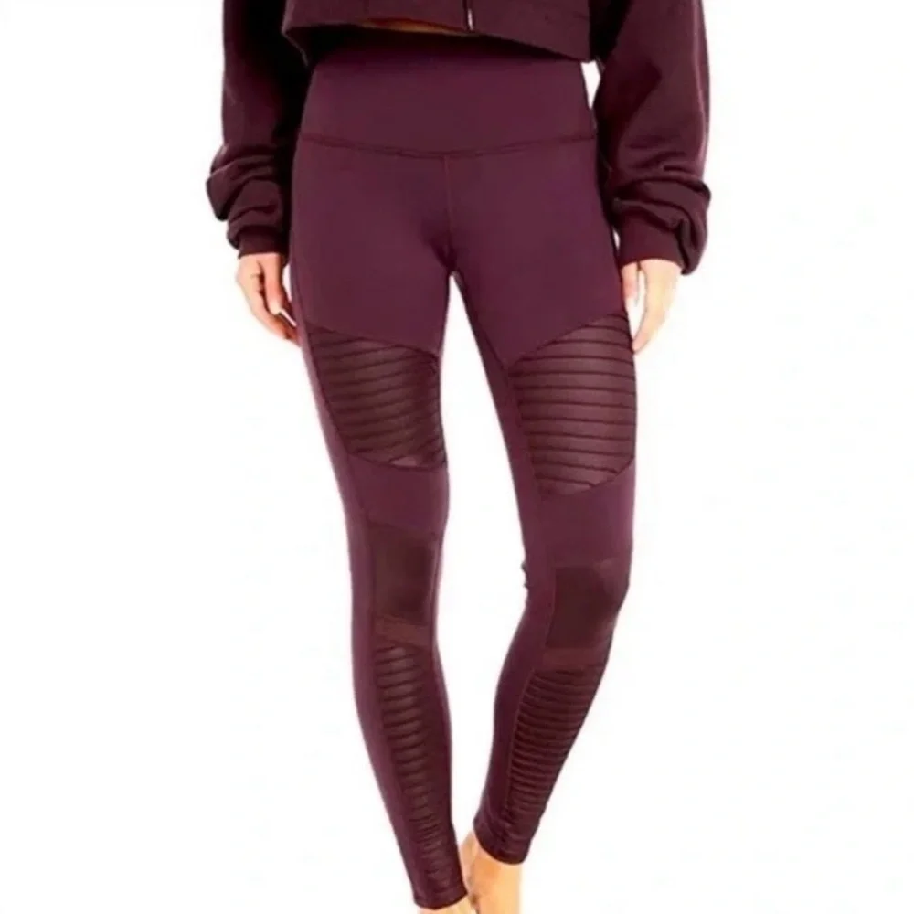 Alo Yoga High Waist Moto Leggings Maroon Sz Small Mesh Quilted Performance Yoga